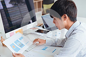 Cropped shot of startup UX UI front end designers developing programming and coding mobile application from prototype and