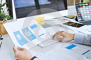Cropped shot of startup UX UI front end designers developing programming and coding mobile application from prototype and