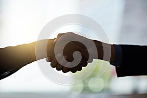 Business is all about formalities. Cropped shot of two silhouetted businesspeople shaking hands in the office.