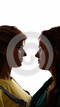 Cropped shot of two young girls, twin sisters looking at each other, posing together, standing face to face isolated