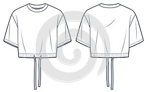 Cropped T-Shirt technical fashion Illustration. Drawstring Crop Top fashion flat technical drawing template, round neck