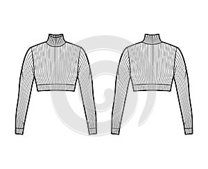 Cropped turtleneck ribbed-knit sweater technical fashion illustration with long sleeves, close-fitting shape.