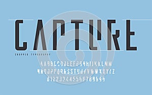 Cropped typography, set of uppercase letters and numbers, alphabet.