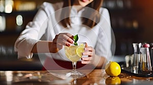 Cropped unrecognizable female barkeeper in stylish outfit decorating cocktail with lemon peel while standing at counter in modern