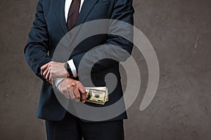 View of businessman holding dollar banknotes in hand on grey