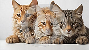 Cropped view of dog head and cat heads in front of white background, studio shot