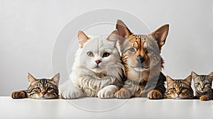 Cropped view of dog head and cat heads in front of white background, studio shot