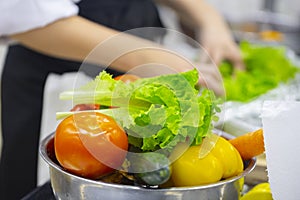 Cropped view of female cook washing herbs