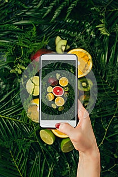 cropped view of food blogger taking photo of fresh fruits