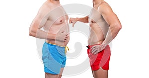 cropped view of men with before obesity after slimming, thumb down.