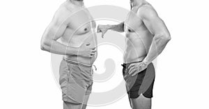 cropped view of men with before obesity after slimming, thumb down.