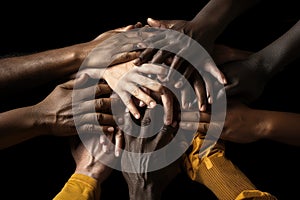 cropped view of multicultural friends holding hands in circle isolated on black, Stack of hands demonstrating unity and teamwork,