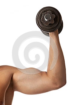 Cropped view of a muscular man lifting a dumbbell