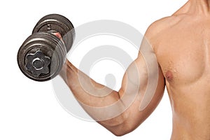 Cropped view of a muscular man lifting a dumbbell