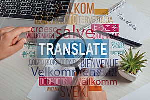 Cropped view of translator working with