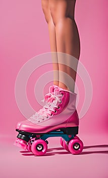 Cropped view of woman legs in pink roller skates on pink background.