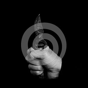 Cropper - tools in a man`s hand - black and white phot photo