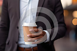 Cropper view of A businessperson holding a coffee cup stands isolated against a softly blurred background. AI Generated
