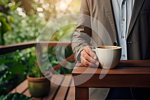 Cropper view of A businessperson holding a coffee cup stands on a wooden porch. AI Generated