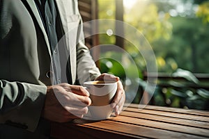 Cropper view of A businessperson holding a coffee cup stands on a wooden porch. AI Generated