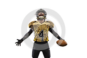 Cropping portrait of professional american football player in unifor standing in winning pose isolated over white