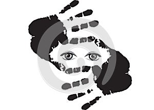 Cropping symbol made of hands with eyes inside isolated on white.