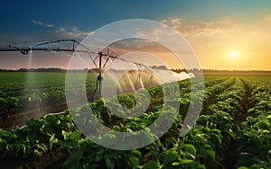 Crops field. Irrigation system on agricultural soybean field, rain gun sprinkler helps to grow plants in the dry season,