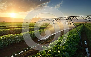 Crops field poster. Irrigation system on agricultural soybean field, rain gun sprinkler helps to grow plants in the dry season,