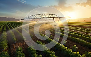 Crops field poster. Irrigation system on agricultural soybean field, rain gun sprinkler helps to grow plants in the dry season,