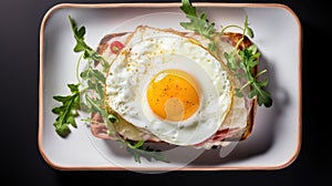 Croque madame, French variation of croque monsieur, the croque madame adds a fried egg on top, generative ai