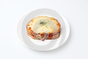 croque monsieur ham cheese sandwich on plate  on white background