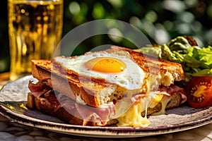 Croque monsieur with humble cheese, fried egg and ham toastie as a gourmet fare photo