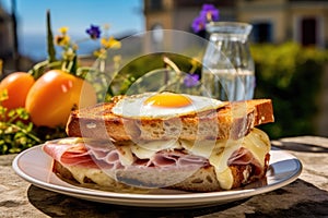 Croque monsieur with humble cheese, fried egg and ham toastie as a gourmet fare photo