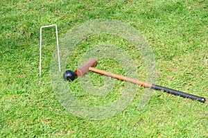 Croquet Hoop mallet and ball in landscape