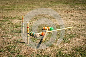 Croquet sports equipment in a field.