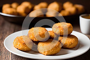 Croquetas Typical Spanish fried food served with sauce on a white plate