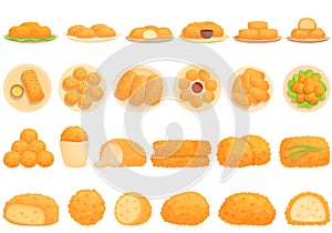 Croquette icons set cartoon . Baked ball