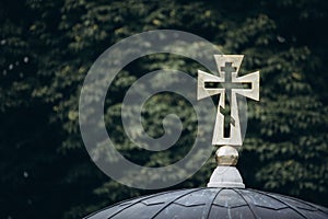 cross on a background of green branches