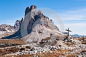 A cross with barbed wire on the Monte Piana where 14000 soldiers lost their life during the first world war