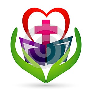 Cross with bible church people union care love logo design icon on white background