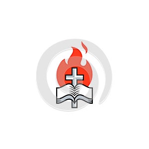 Cross, bible and fire icon, Church logo. The open bible and the cross of Jesus against the background of fire