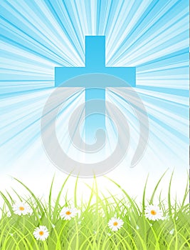 Cross on blue sky, with sun rays and green lawn