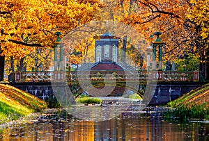Cross bridge and Chinese bridges in Alexander park in autumn, Pushkin Tsarskoe Selo, Saint Petersburg, Russia