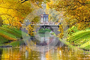 Cross bridge and Large Chinese bridge in Alexander park in autumn, Pushkin Tsarskoe Selo, Saint Petersburg, Russia