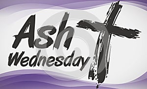 Cross in Brushstroke Style and Purple Waves Commemorating Ash Wednesday, Vector Illustration