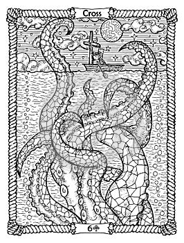 Cross card from the oracle Old Marine Lenormand deck with sea monster and hunter. Nautical vintage background, coloring book page