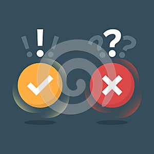 Cross and check mark icon in flat style. Right and wrong answer vector illustration on isolated background. True or false