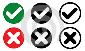 Cross check mark icons, flat round buttons and black colour set vector illustration