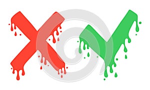 Cross and check marks, X and V icons. No and Yes symbols, vote and decision. Vector image. Cartoon style, liquid dripping