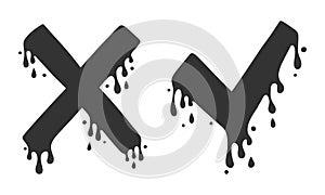 Cross and check marks, X and V icons. No and Yes symbols, vote and decision. Vector image. Cartoon style, liquid dripping